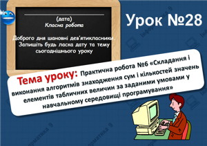 Практична робота №6 «Складання і виконання алгоритмів знаходження сум і кількостей значень елементів табличних величин за заданими умовами». Урок 28 (9 клас)