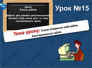 Етапи створення веб-сайтів. Конструювання сайтів. Інформатика 8 клас. Урок 15